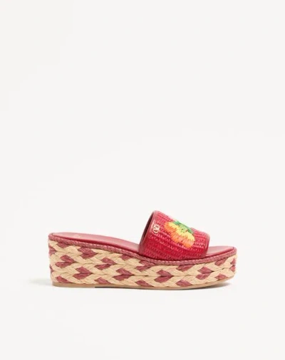Valentino Garavani Bribri Raffia Wedge Slide With Floral Embroidery 65mm Woman Red 38