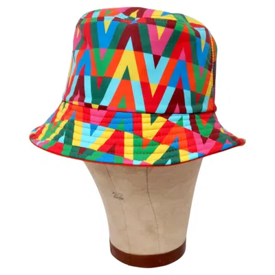 Pre-owned Valentino Garavani Bright Multicolor V-print Nylon Bucket Hat In Brown
