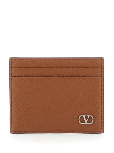 Valentino Garavani Brown Card Holder With Metallic Vlogo On The Front In Black Hammered Leather Man