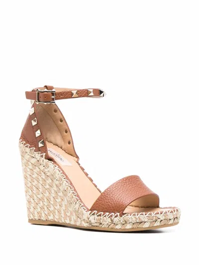 Valentino Garavani Brown Esparto Wedge With Golden Studs