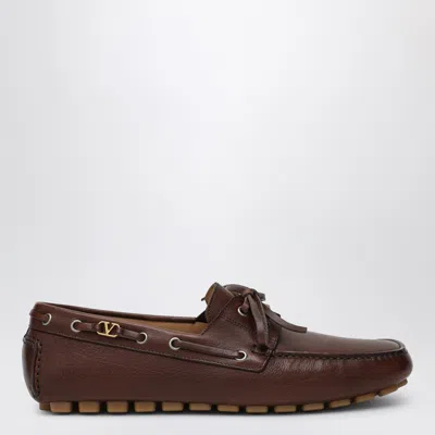 Valentino Garavani Brown Leather Moccasin Driver Fantaway In Animal Print