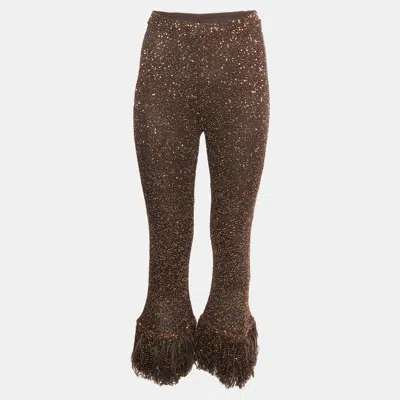 Pre-owned Valentino Garavani Brown Sequin Feather Trim Flared Pants Xs