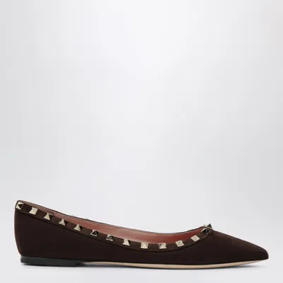 Valentino Garavani Brown Suede Rockstud Ballet Flats