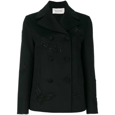 Valentino Garavani Butterfly-embroidered Coat In Black