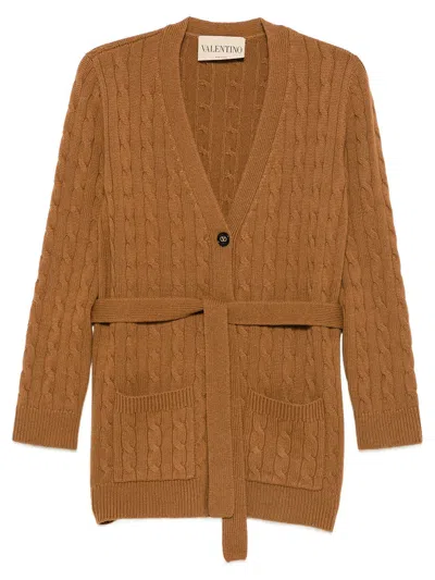 Valentino Garavani Cable-knit Belted Cashmere Cardigan In Brown