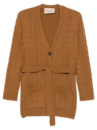 Valentino Garavani Cable-knit Belted Cashmere Cardigan In Brown