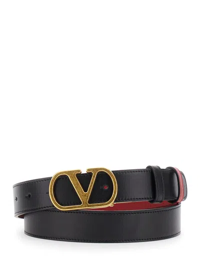Valentino Garavani Calf Leather Belt With Sculpted Buckle In Black
