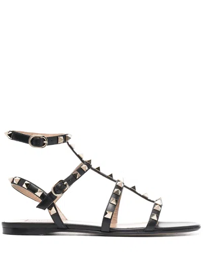 Valentino Garavani Calf Leather Rockstud Sandals In Black