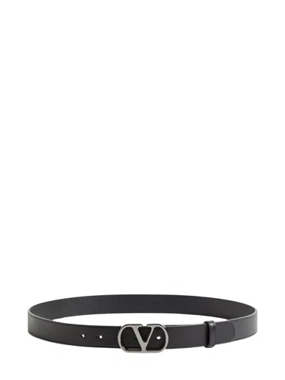 Valentino Garavani Calfskin Belt With V-logo Buckle In Black