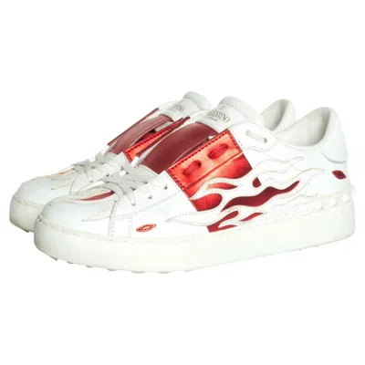 Pre-owned Valentino Garavani , Calfskin Flame Rockstud Open Sneakers In Red