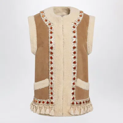 Valentino Garavani Camel Shearling And Suede Vest In Beige