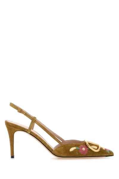 Valentino Garavani Camel Suede V Logo Signature Pumps In Brown