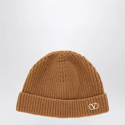Valentino Garavani Camel Vlogo Signature Cashmere Beanie In Brown
