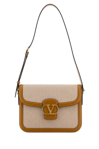 Valentino Garavani Canvas And Leather Shoulder Bag In Beige