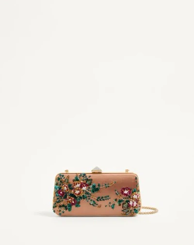 Valentino Garavani Carry Secrets Satin Minaudiere With Floral Embroidery Woman Champagne/multicolour In Champagne/multicolor/cristal