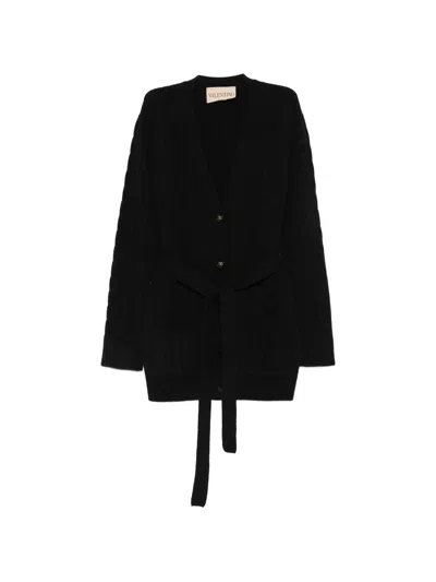 Valentino Garavani Cashmere Cardigan With Belt And Front Pockets In Nero