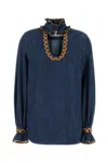Valentino Garavani Chambray Denim Embroidered Top In Blue