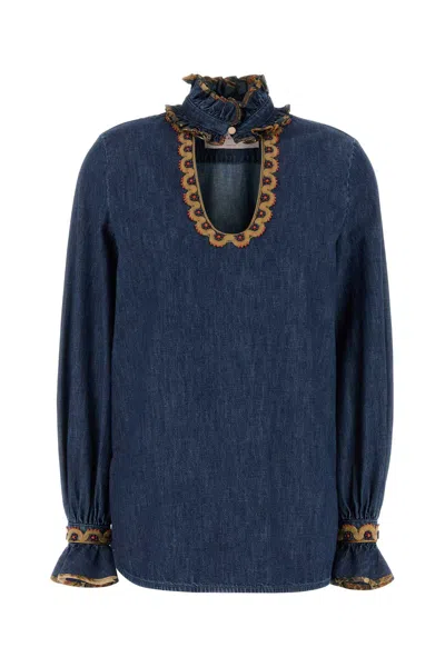 Valentino Garavani Chambray Denim Blouse In Burgundy