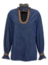 Valentino Womens Embroidered Frilled Cotton-denim Shirt Medium Blue Denim