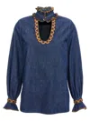 Valentino Garavani Chambray Denim Embroidered Top In Blue
