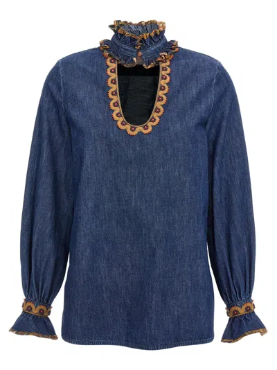 Valentino Garavani Chambray Denim Embroidered Top In Blue