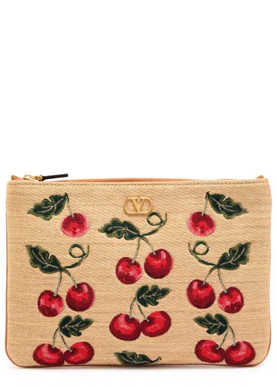 Valentino Garavani Cherry-jacquard Raffia And Leather Pouch