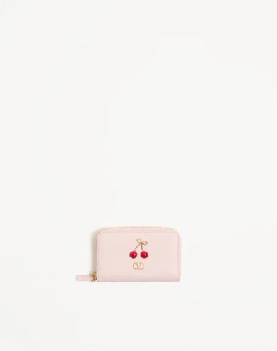 Valentino Garavani Cherryfic Mini Zip Wallet In Grainy Calfskin Woman Rose Quartz Uni In Pink