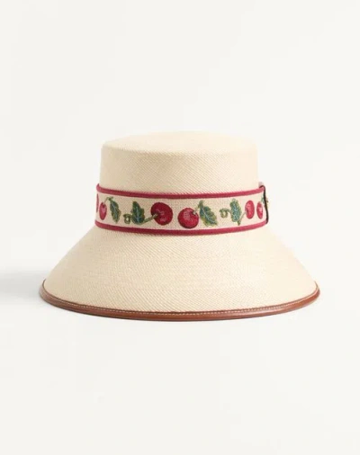 VALENTINO GARAVANI VALENTINO GARAVANI CHERRYFIC STRAW BUCKET HAT WITH LEATHER TRIM AND CHERRYFIC RIBBON WOMAN NATURAL/S