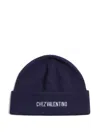 Valentino Cotton And Wool Blend Beanie With Turn-up Brim In Blue