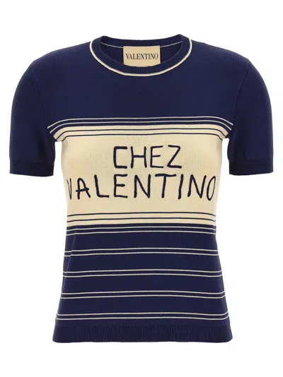 Valentino Garavani Logo-embroidered Striped Cotton T-shirt In Blue