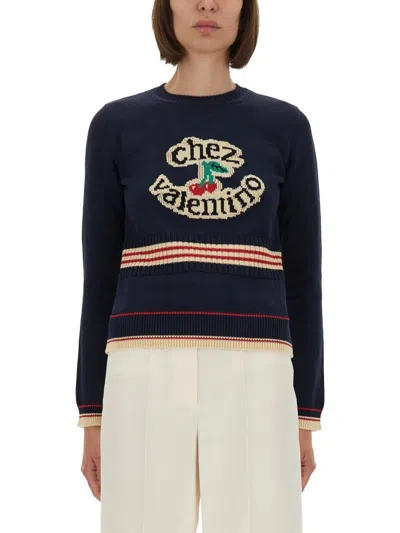 Valentino Garavani Cotton Crew-neck Sweater In Blue
