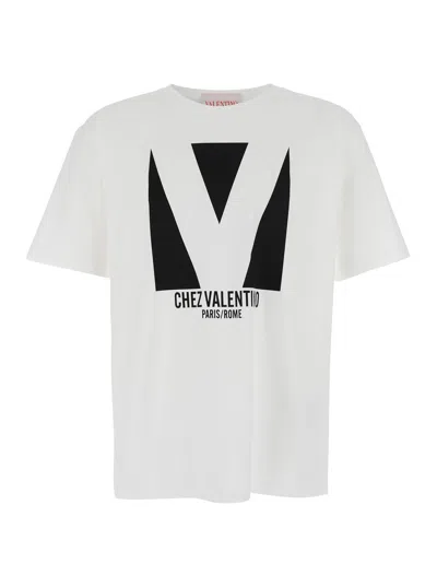 VALENTINO VALENTINO GARAVANI 'CHEZ' WHITE CREWNECK T-SHIRT WITH MAXI LOGO PRINT ON THE FRONT IN COTTON MAN