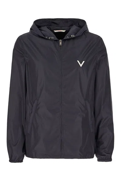 Valentino Nylon Windbreaker With Hood And Pockets In Navy
