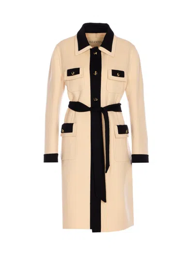 Valentino Belted Collar Coat With Contrasting Profiles And Pockets In Neutral