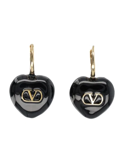 Valentino Garavani Coeur Rondal Enamel Vlogo Drop Earrings, Mini Heart-3.3cm X 2.7cm In Goldblack