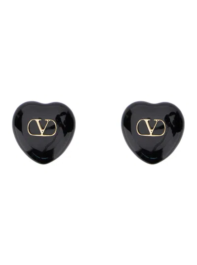 VALENTINO GARAVANI VALENTINO GARAVANI 'COEUR ROYAL' BLACK EARINGS WITH VLOGO ON THE FRONT AND HEART MOTIF IN BRASS WOMA