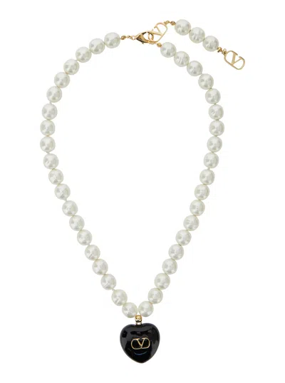 Valentino Garavani 'coeur Royal' White And Black Necklace With Pendant With Metallic Vlogo In Brass  In Multicolor