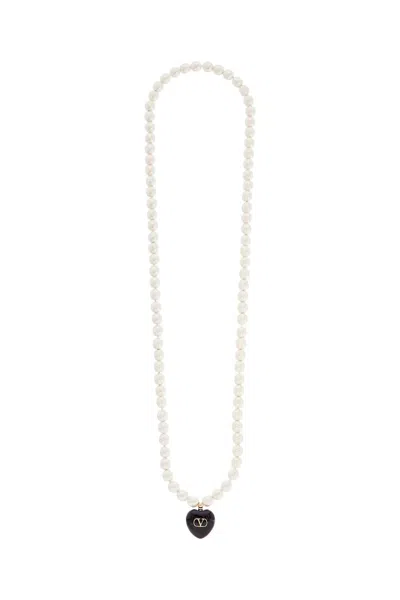 Valentino Garavani Collana Lunga Perla Barocca Con Pendente Cuore Oro Nero Crema Women In Black
