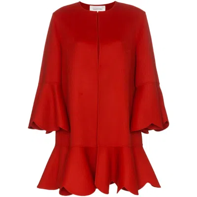 Valentino Ruffled Wool And Cashmere-blend Coat In Red
