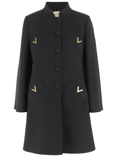 Valentino Garavani Compact Drap Coat With V Gold In Black