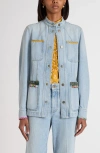 Valentino Embellished Printed Chiffon-trimmed Denim Jacket In Blue