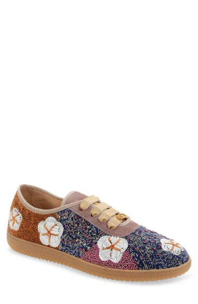 Valentino Garavani Cosmatesque Leather Trainers With Sequins And Floral Embroidery In Brown