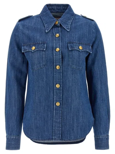 Valentino Garavani Cotton-linen Blend Denim Shirt With Vlogo Closure In Multi