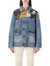 Valentino Denim Jacket Padded Collared Neck Patchwork In Blue