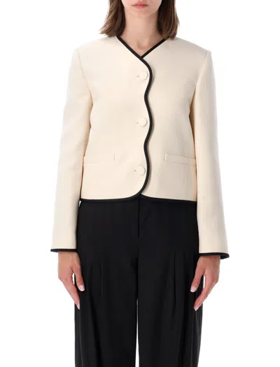 Valentino Garavani Crepe Couture Jacket With Contrasting Trim & Covered Buttons In Neutral