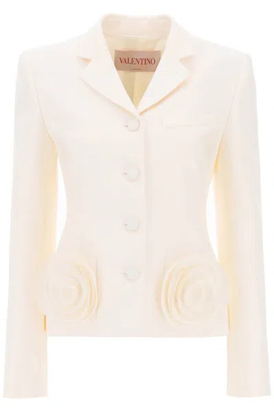Valentino Crepe Couture Jacket With Floral Appliques In White