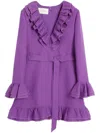 Valentino Garavani Purple Short Dress With V-neck And Ruffles In Virgin Wool And Silk Blend Woman In Purple