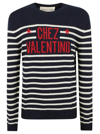 Valentino Garavani Crewneck Sweater With Bold Jacquard Motif In Blue