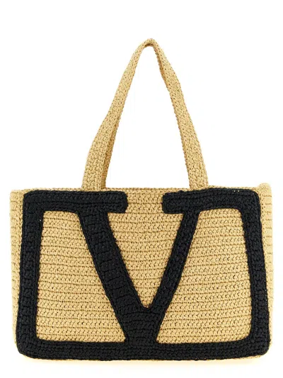 Valentino Garavani Crochet Raffia With Maxi Vlogo Tote Bag In Beige