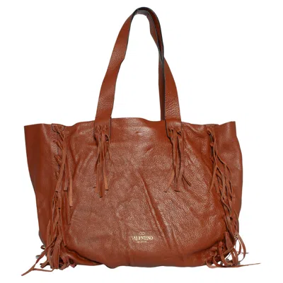 Pre-owned Valentino Garavani , C-rockee Fringed Leather Tote In Brown